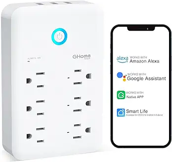 Image from Amazon showing smart plug along with a mobile displaying relevant apps